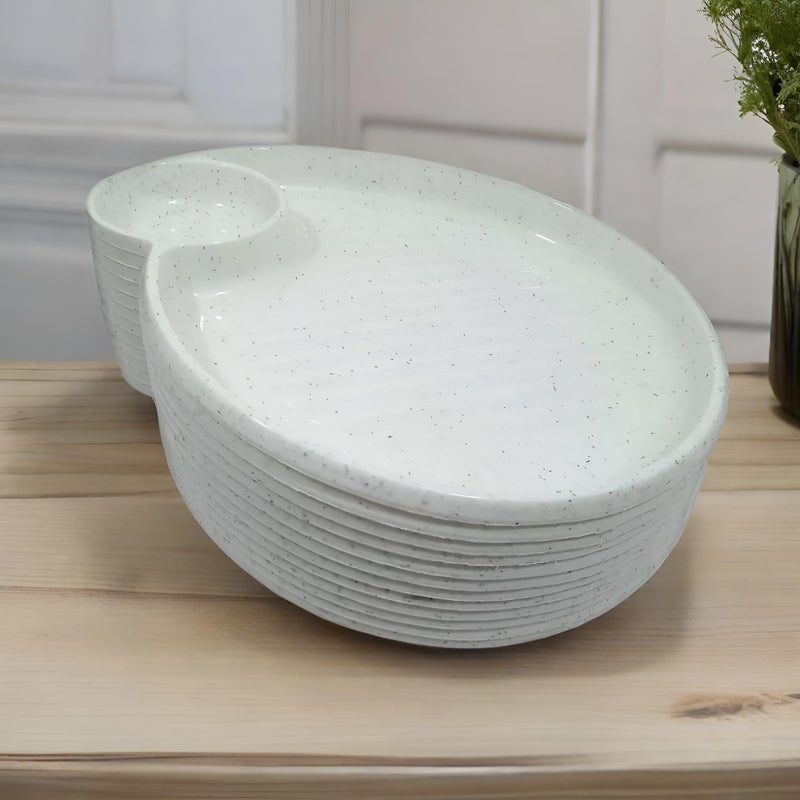BHOJANWARE Stylish Sectioned (Size-8.5 Inch / 22 CM) Snack Plastic Platter Set of 12 in White Color - Image 1