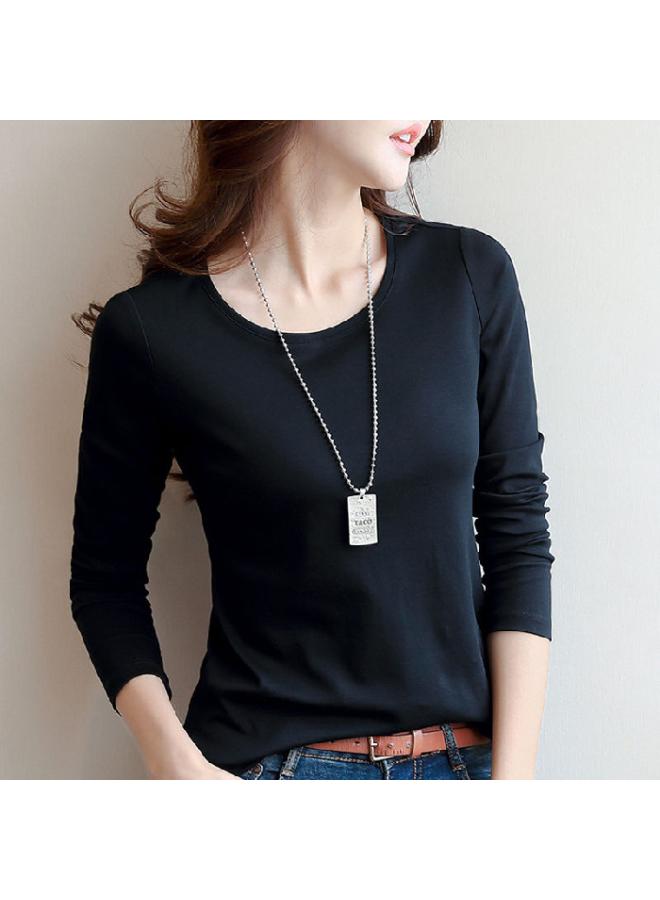 VUELO Summer New Round Collar Solid Color Long Sleeved Women's T-shirt Slim Casual Shirt Thin Korean Blouse