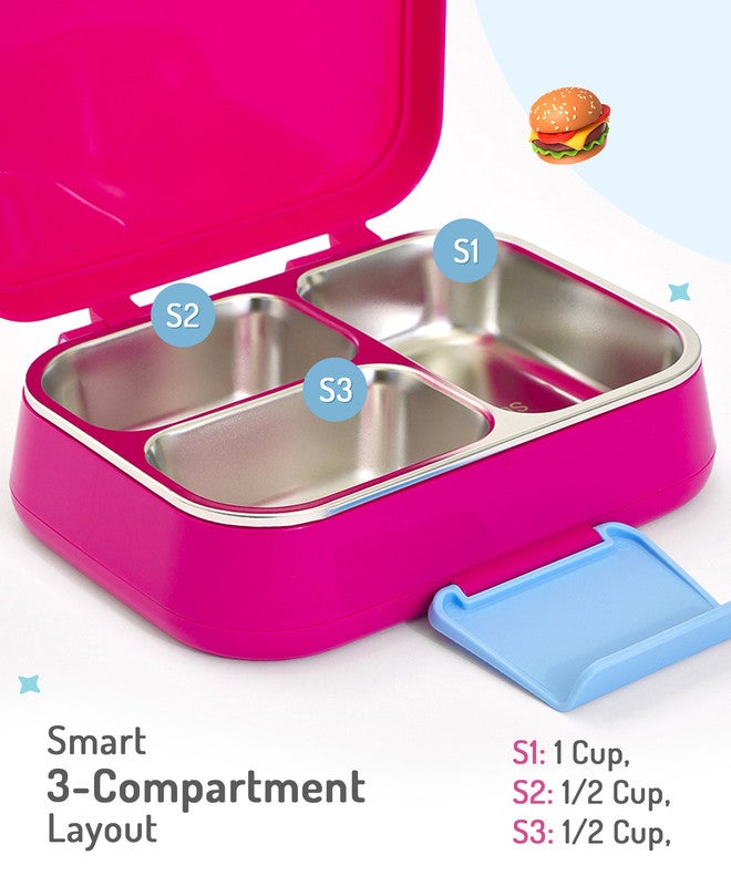 Bonfino Lunch Box with Spoon and Fork, Leak-Resistant, Food-Grade PP and 304 Stainless Steel, Durable, 3 Years+, 1150 mL, 21.6 x 17.3 x 7.6 cm - Pink and Blue - Image 3