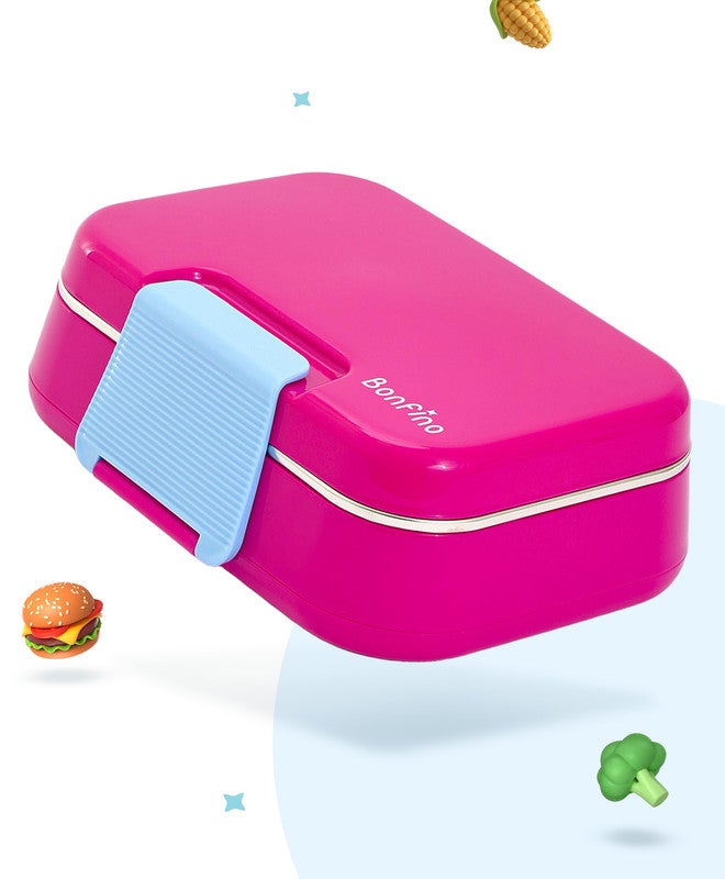 Bonfino Lunch Box with Spoon and Fork, Leak-Resistant, Food-Grade PP and 304 Stainless Steel, Durable, 3 Years+, 1150 mL, 21.6 x 17.3 x 7.6 cm - Pink and Blue - Image 1