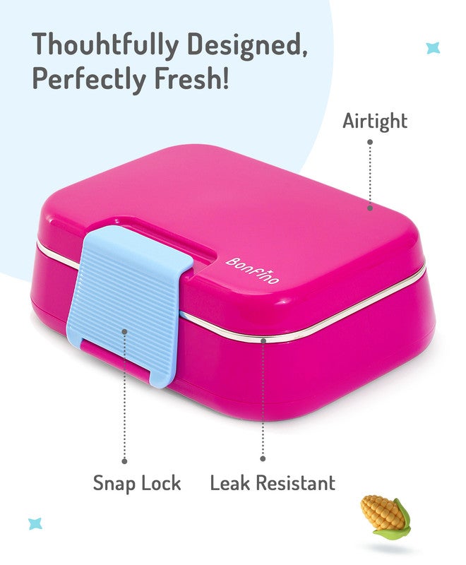 Bonfino Lunch Box with Spoon and Fork, Leak-Resistant, Food-Grade PP and 304 Stainless Steel, Durable, 3 Years+, 1150 mL, 21.6 x 17.3 x 7.6 cm - Pink and Blue - Image 4