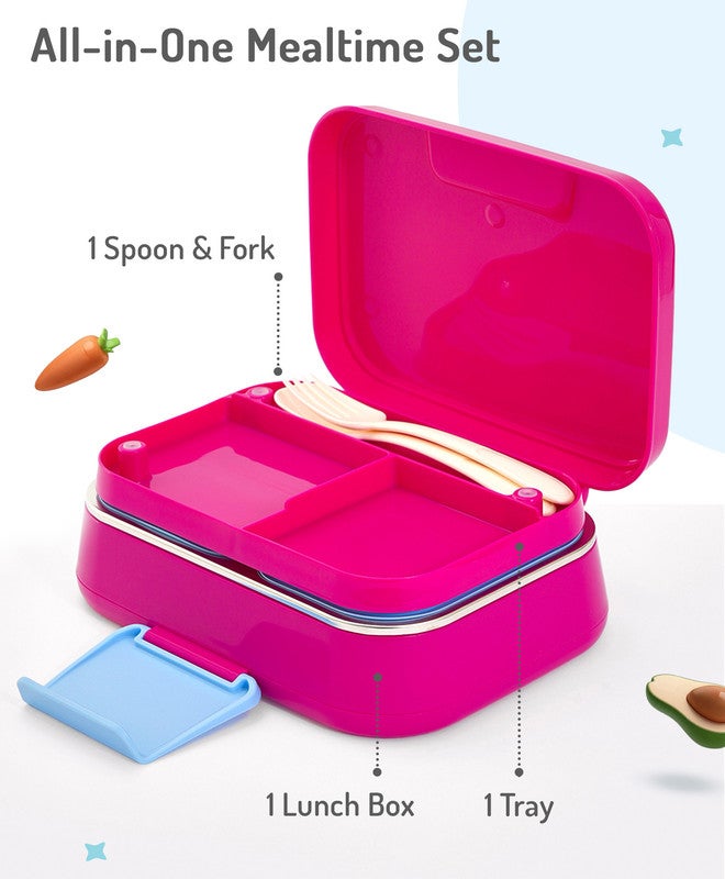 Bonfino Lunch Box with Spoon and Fork, Leak-Resistant, Food-Grade PP and 304 Stainless Steel, Durable, 3 Years+, 1150 mL, 21.6 x 17.3 x 7.6 cm - Pink and Blue - Image 2