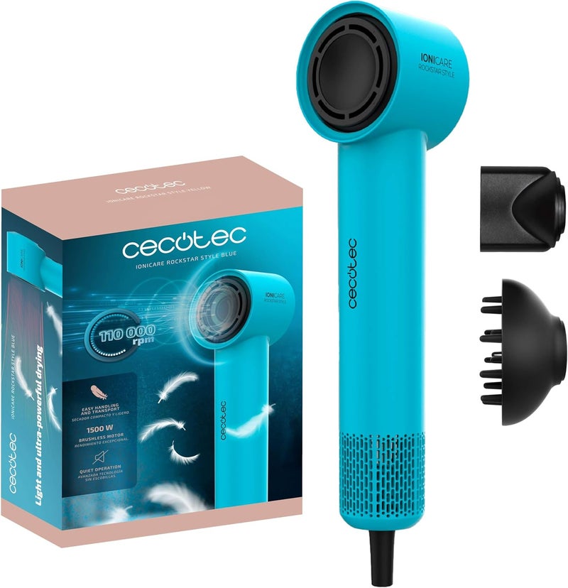 Cecotec Ionicare Rockstar Style Blue Hair Dryer, Very Compact and Lightweight, Motor 1500 W, 110,000 RPM, Ion Generator, 4 Temperature, 3 Speeds, Quiet: Brushless Technology - Image 1