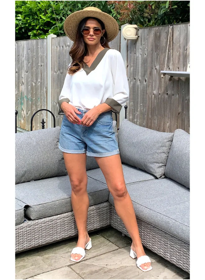 Hoxton Gal White Oversized Top with Khaki Collar Tape Detail