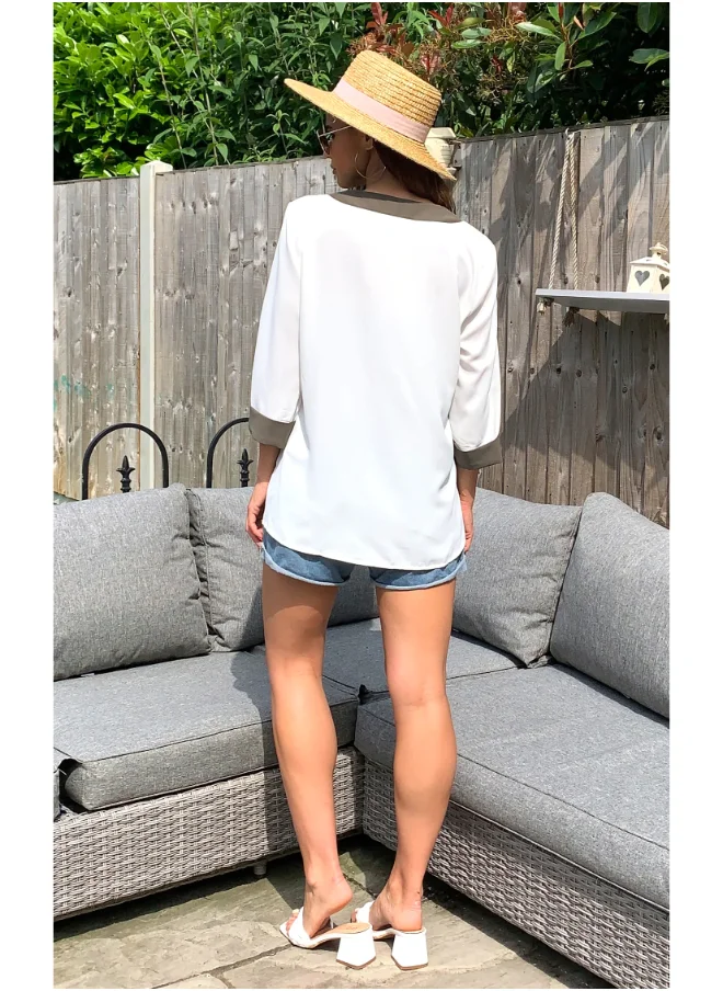 Hoxton Gal White Oversized Top with Khaki Collar Tape Detail