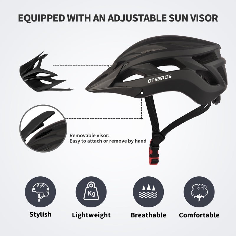 GTSBROS Bike Helmet with Visor for Women and Men â€“ Lightweight Bicycle Helmet for Mountain Biking and City Riding (Matte Black, Medium) - Image 4