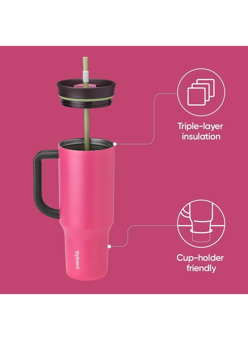 Owala Stainless Steel Triple Layer Insulated Travel Tumbler with Spill Resistant Lid  Straw  and Carry Handle  BPA Free  40 oz  Pink (Watermelon Breeze)