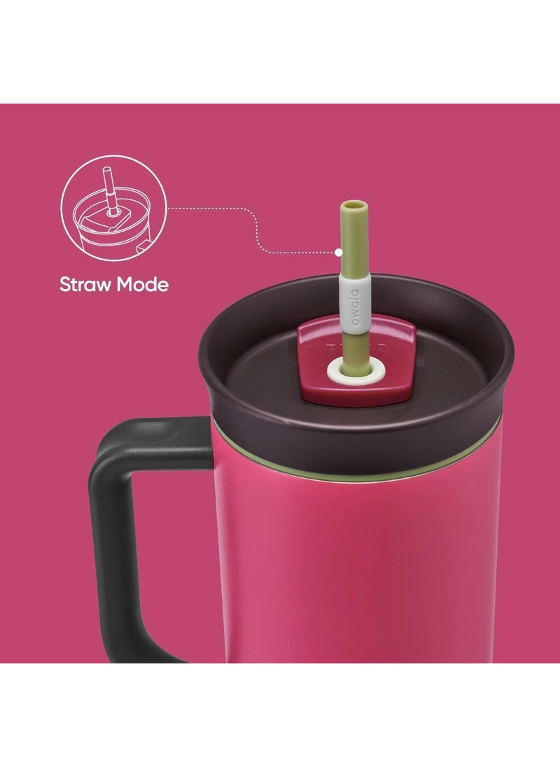Owala Stainless Steel Triple Layer Insulated Travel Tumbler with Spill Resistant Lid  Straw  and Carry Handle  BPA Free  40 oz  Pink (Watermelon Breeze)