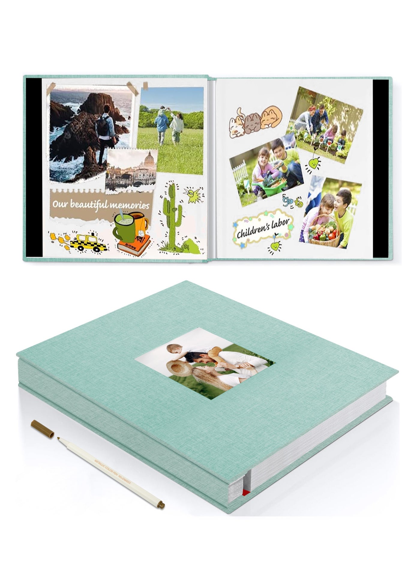 Large Photo Album Scrapbook with Window, Linen Self Adhesive Scrapbook Album, Wedding Anniversary Birthday Valentines Day, 28cm x 27cm 40 Blank Pages Memory Book with A Metallic Pen Green