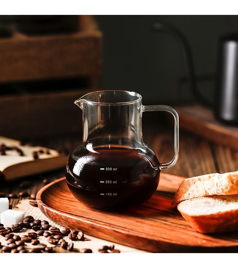 Stylish Pour Over Coffee Pot with Ear Handle 10.14oz Large Belly High Borosilicate Heat Resistant Glass Transparent Texture Withstands Heat and Freezing Anti Scald Handle Design Beautifully Designed Sharing Pot - Image 1