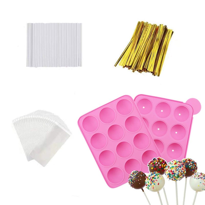 AKINGSHOP 12 Capacity Silicone Lollipop Mold Set Sucker Molds and Chocolate Hard Candy Mold with 60pcs Lollipop Sucker Sticks Candy Treat Bags Gold Ties 12 Cavity Cake Pop