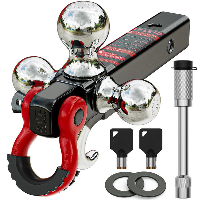 Ayleid Trailer Hitch Tri-Ball Mount with Hook&Pin&Rotatable Tow Shackle,Fits 2-in Receiver with 1-7/8-in,2-in,2-5/16-in Hitch Ball with Anti-Theft Locking Hitch Pin - Image 1