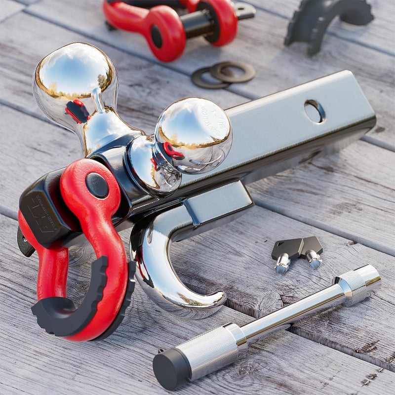 Ayleid Trailer Hitch Tri-Ball Mount with Hook&Pin&Rotatable Tow Shackle,Fits 2-in Receiver with 1-7/8-in,2-in,2-5/16-in Hitch Ball with Anti-Theft Locking Hitch Pin - Image 2