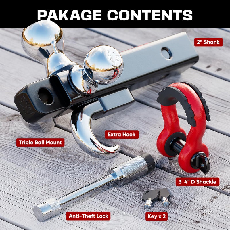 Ayleid Trailer Hitch Tri-Ball Mount with Hook&Pin&Rotatable Tow Shackle,Fits 2-in Receiver with 1-7/8-in,2-in,2-5/16-in Hitch Ball with Anti-Theft Locking Hitch Pin - Image 4