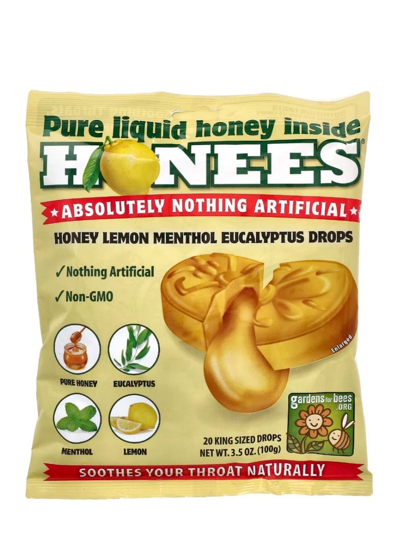 Honees Honey Lemon Menthol Eucalyptus Cough Drops 20 King Sized Drops 3.5 oz (100 g) - Image 1
