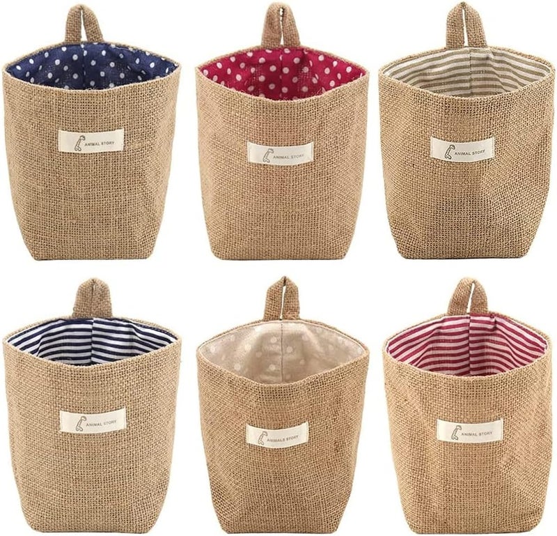 6 Pcs Mini Hanging Storage Bags - Cotton Linen Wall-Hanging Baskets for Organizing Small Items - Image 1
