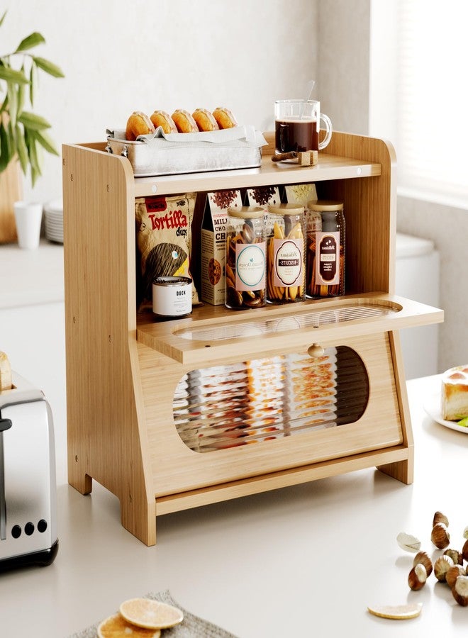 Stylstoreazy Bread Box for Kitchen Countertop,Double Layer Large Capacity Bamboo Bread Storage Container with Acrylic Wavy Door Panel for Kitchen Counter Corner,Cabinet,Pantry(Natural) - Image 4