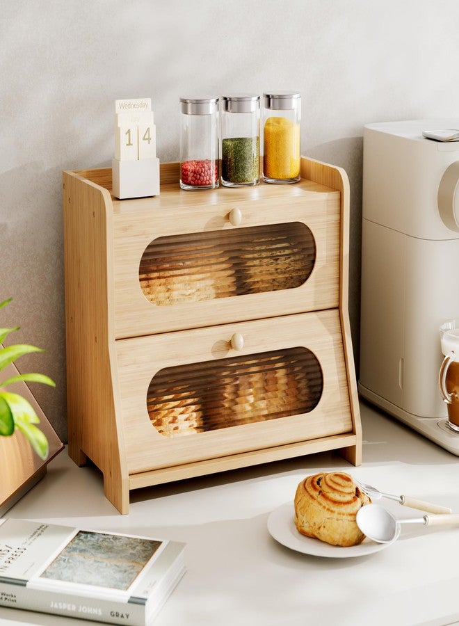Stylstoreazy Bread Box for Kitchen Countertop,Double Layer Large Capacity Bamboo Bread Storage Container with Acrylic Wavy Door Panel for Kitchen Counter Corner,Cabinet,Pantry(Natural) - Image 5