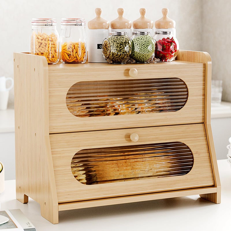 Stylstoreazy Bread Box for Kitchen Countertop,Double Layer Large Capacity Bamboo Bread Storage Container with Acrylic Wavy Door Panel for Kitchen Counter Corner,Cabinet,Pantry(Natural) - Image 1