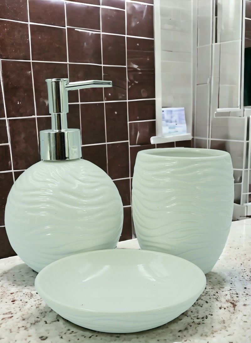 طقم اكسسوارات الحمام 3 قطع، حامل فرشاة الأسنان، موزع الصابون السائل وصينية بيضاء 17x23x10.5cm