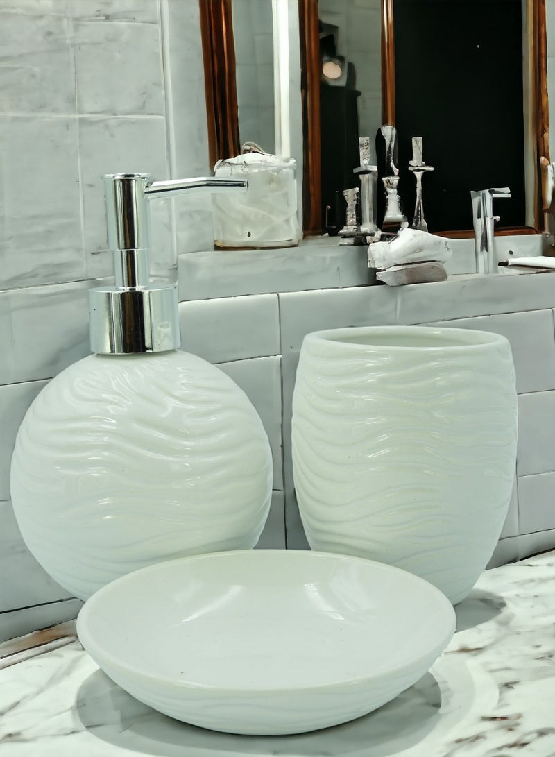 طقم اكسسوارات الحمام 3 قطع، حامل فرشاة الأسنان، موزع الصابون السائل وصينية بيضاء 17x23x10.5cm