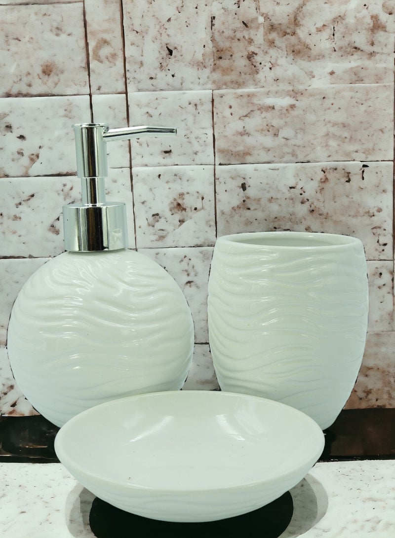 طقم اكسسوارات الحمام 3 قطع، حامل فرشاة الأسنان، موزع الصابون السائل وصينية بيضاء 17x23x10.5cm