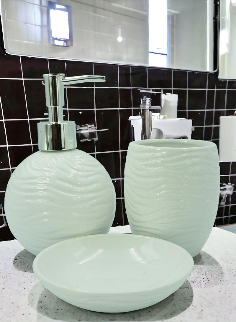 طقم اكسسوارات الحمام 3 قطع، حامل فرشاة الأسنان، موزع الصابون السائل وصينية بيضاء 17x23x10.5cm