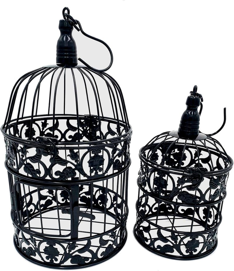 pet show Pack of 2 Round Birdcages Decor Metal Wall Hanging Bird Cage for Small Birds Wedding Party Indoor Outdoor Decoration 9.8INCH and 13.8INCH Color Black White (Black) - Image 1