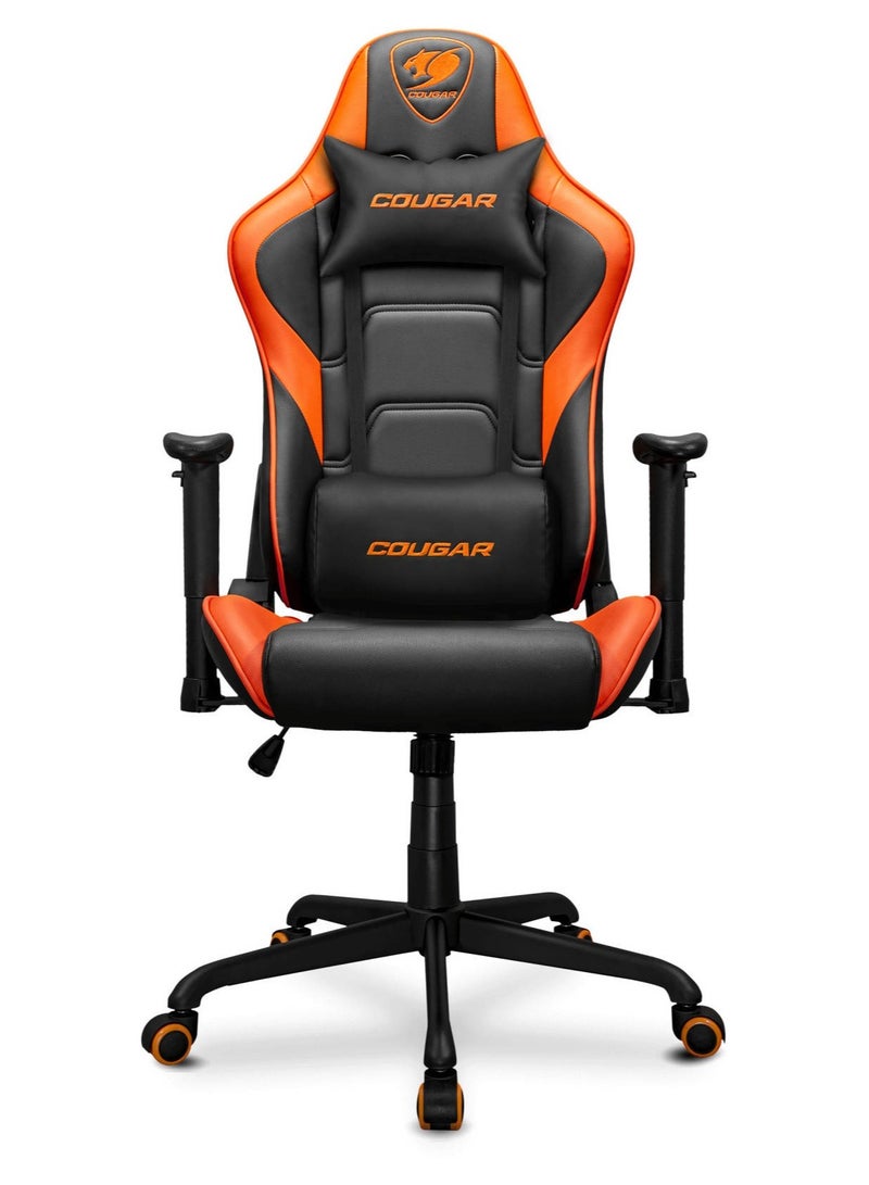 كوجار كرسي ألعاب أرمور إيليت، تصميم مريح، جلد بولي كلوريد الفينيل الفاخر، مسند ظهر قابل للإمالة بزاوية 160 درجة، مساند ذراعين قابلة للتعديل ثنائي الأبعاد، رفع غازي من الفئة 4، هيكل وقاعدة فولاذيان، يتحمل وزنًا يصل إلى 120 كجم، إسفنج عالي الكثافة، دوران 360 درجة، عجلات دوارة سلسة، أسود/برتقالي | 3MELIORB.0001 - Image 1