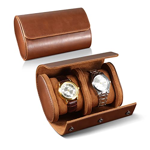 ROSELLE Watch Roll Travel Case for Men and Women- 2 Watch Storage and Organizer-Secure Storage with Innovative Removable Pillows & Solid Dividers for Home, Travel and Display (Brown-2 Slot) - Image 1