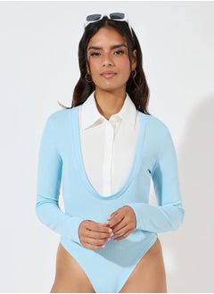 Styli Contrast Collar Rib Knit Bodysuit  - Image 1