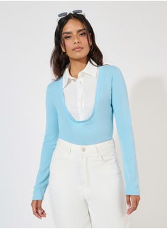 Styli Contrast Collar Rib Knit Bodysuit  - Image 2