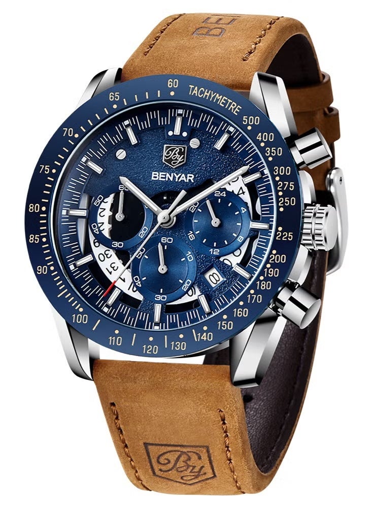 BENYAR Watches for Men Luxury Quartz Water Resistant Watch Men's Chronograph Genuine Leather Strap 5120 Dawn Clock - Image 1