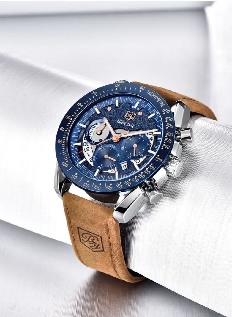 BENYAR Watches for Men Luxury Quartz Water Resistant Watch Men's Chronograph Genuine Leather Strap 5120 Dawn Clock - Image 5