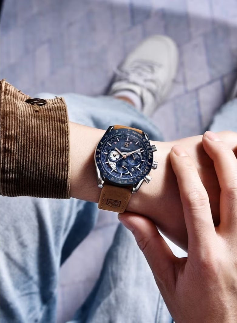 BENYAR Watches for Men Luxury Quartz Water Resistant Watch Men's Chronograph Genuine Leather Strap 5120 Dawn Clock - Image 2
