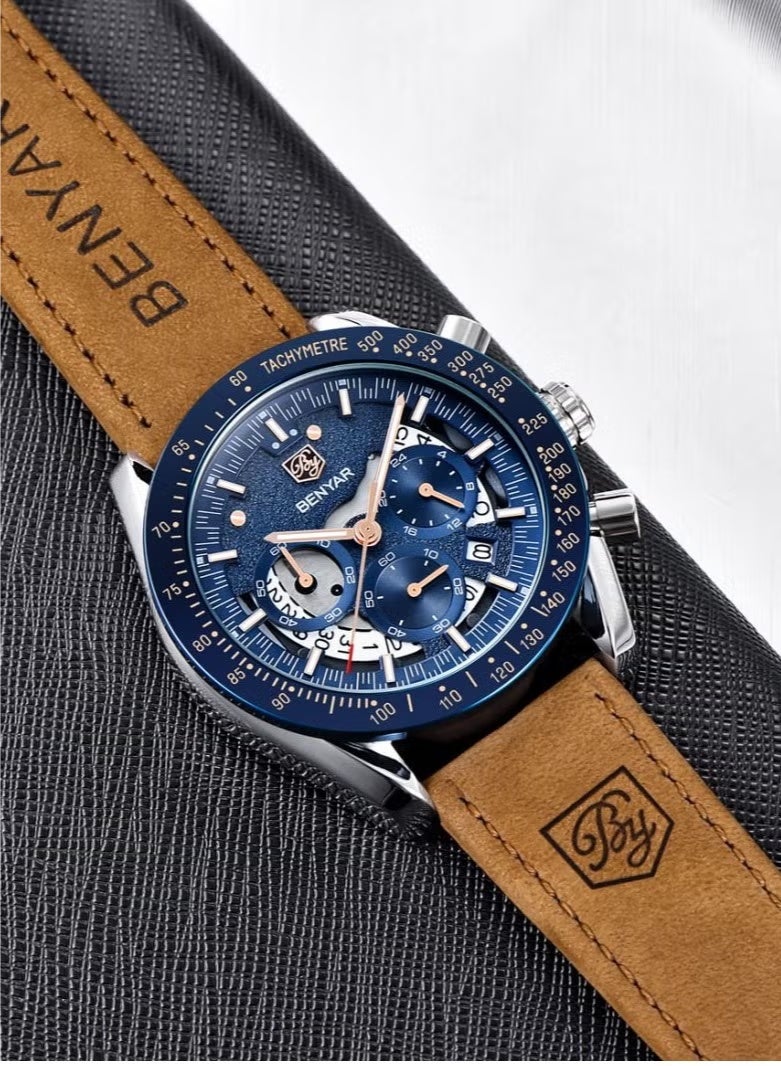 BENYAR Watches for Men Luxury Quartz Water Resistant Watch Men's Chronograph Genuine Leather Strap 5120 Dawn Clock - Image 4