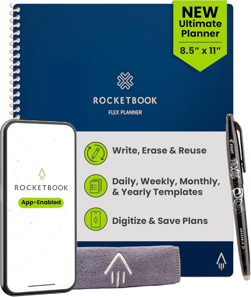 Rocketbook Flex Reusable Planner, Smart Undated, Daily, Weekly, Monthly, Annual Calendar Templates, Letter Size 8.5x11, Navy Blue (Pack of 1) - Image 1
