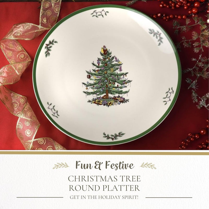 Spode Christmas Tree Round Platter  14Inch Holiday Serving Plate for Charcuterie Snacks Desserts  Classic Christmas Dinnerware with Green Accents  Dishwasher  Microwave Safe - Image 2