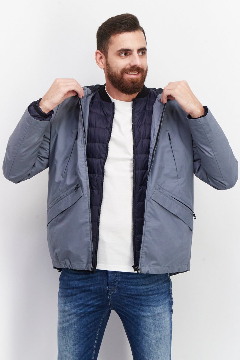 SELECTED جاكيت رجالي بأكمام طويلة وسحاب مع غطاء رأس، أزرق غامق - Image 1