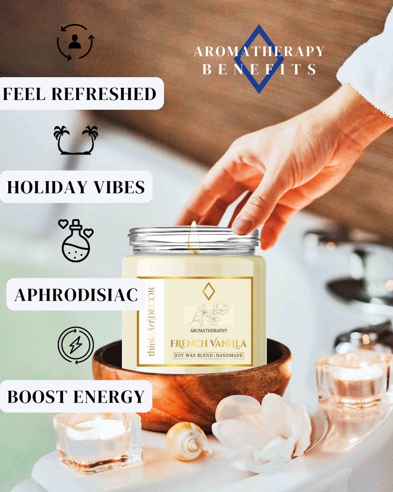 ThinkArtDecor Soy Wax Scented Candles for Home Decoration, Burn Time 35-40 Hrs, Luxury Fragrance Candles for Gifting, Aesthetic Glass Jar Aroma Therapy Candle (French Vanilla) - Image 2