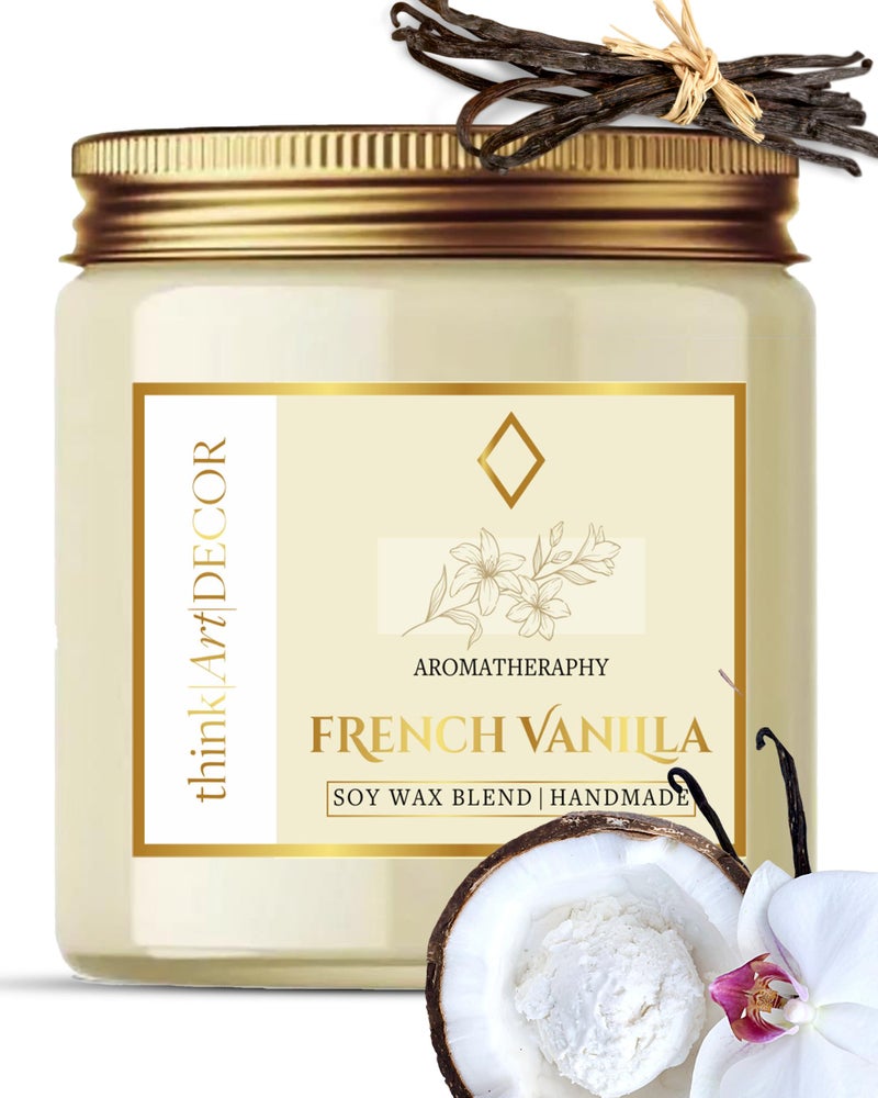 ThinkArtDecor Soy Wax Scented Candles for Home Decoration, Burn Time 35-40 Hrs, Luxury Fragrance Candles for Gifting, Aesthetic Glass Jar Aroma Therapy Candle (French Vanilla) - Image 1