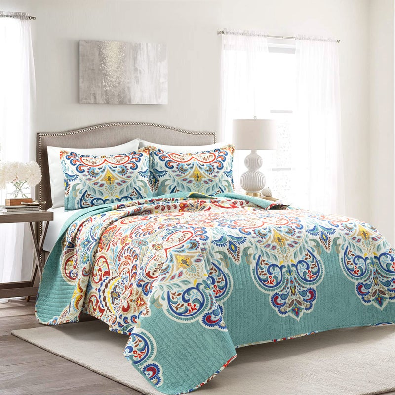 Lush Decor Boho Chic Reversible Cotton Quilt 3Piece Set Full Queen Seafoam  Red  Bright Paisley Print Vibrant  Colorful Bohemian Bedding Set