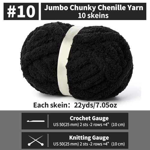 OMoiut 10 Pack of Black Soft Jumbo Chunky Yarn for Hand Knitting,Thick Blanket Yarn for Crocheting, #10 Super Bulky Yarns, 220yds/70.5oz Fluffy Chunky Chenille Yarns for Crocheting. - Image 2