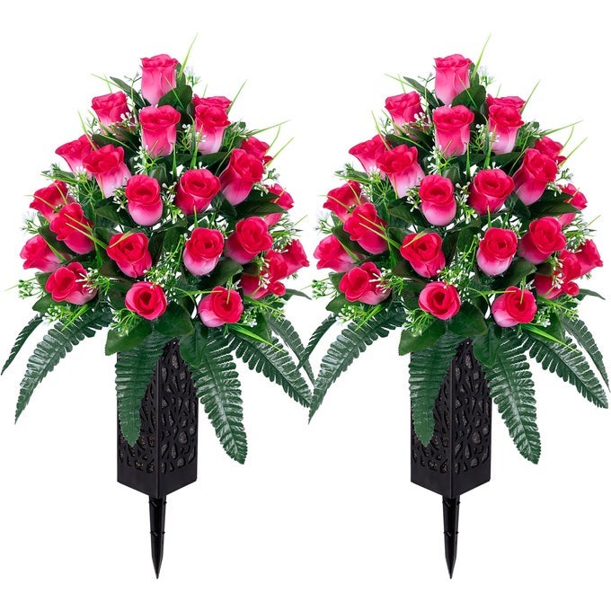 2 SETS ARTIFICIAL CEMETERY FLOWERSOUTDOOR GRAVE DECORATIONS ROSESBEAUTIFUL ARRANGEMENTS BOUQUET WITH CEMETERY VASELASTING AND NONBLEED COLORS PINK