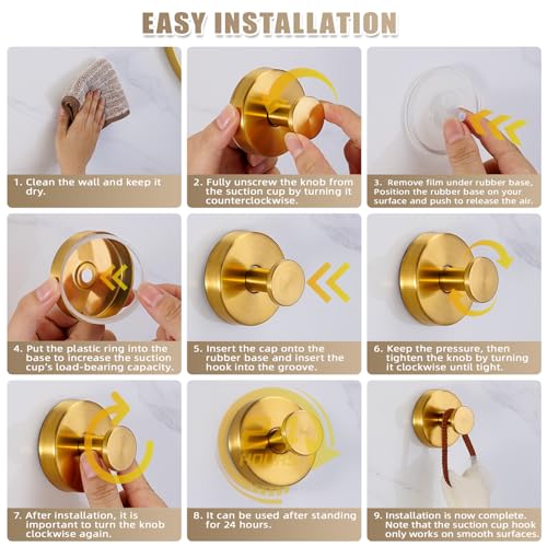 Fenas Suction Cup Hooks for Shower No-Drill Bathroom Hooks for Towels, Robes, Loofah Mountable on Bathroom Walls, Kitchen, Glass, Mirrors, Tile and Smooth,Non-Porous Surfaces (4, Brushed Gold) - Image 5