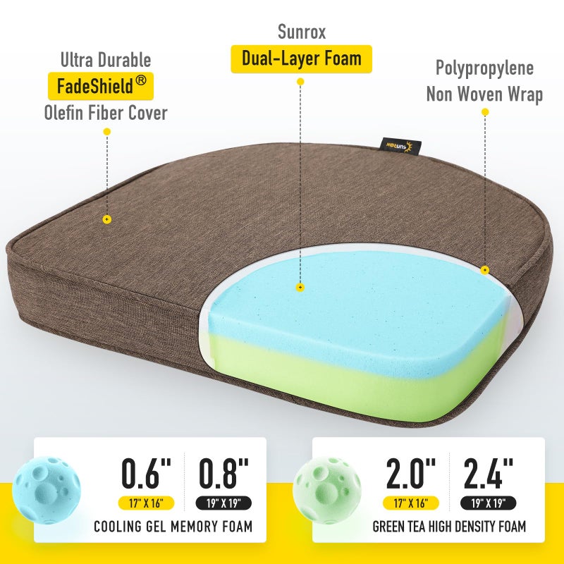 SUNROX Gel Memory Foam Chair Cushions, FadeShield Water-, Stain-Resistant Durable Reversible Seat Cushion Pads with Ties for Indoor/Outdoor Kitchen Dining Office, 19"x19", Set of 4, Heather Chestnut - Image 2