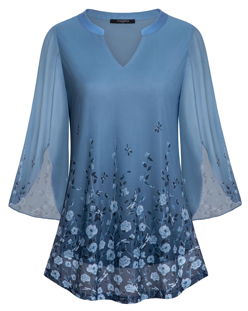 VALOLIA Womens Tunic Tops 3/4 Sleeve, Floral Tunic Shirts for Leggings for Women Work Casual 3/4 Sleeve V Neck Flowy Shirt Loose Fit Floral Stretchy Top for To Wear With Leggings Multi Blue X-Large - Image 1