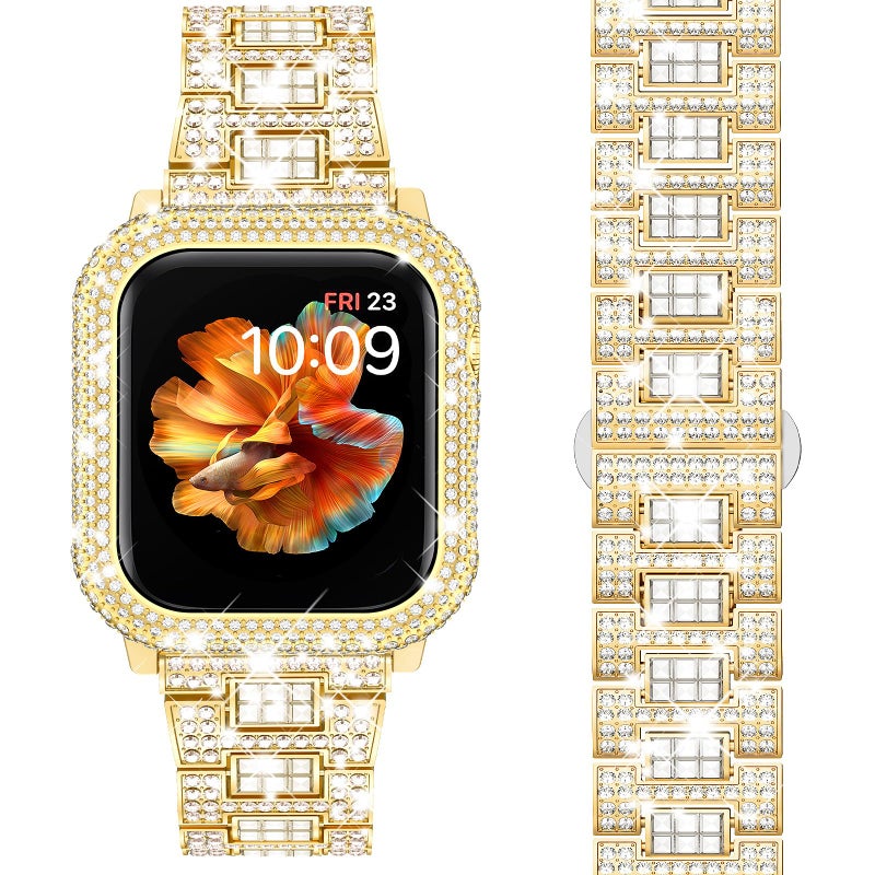 Mosonio Compatible with Bling Apple Watch Band S10 42mm with Shiny Metal Case for Women Full Sparking Luxury Diamond Bands and Cover Set Cute Charming Strap for iWatch SE Series 10Gold 42mm - Image 2