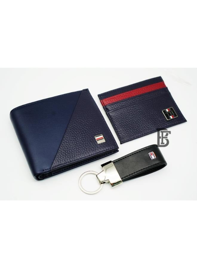 تومي هيلفيغر بلس مجموعة هدايا جلدية للرجال من Tommy Hilfiger Salto مكونة من محفظة + حافظة بطاقات + قاعدة مفتاح - أزرق/أزرق+أزرق/أسود  - Image 2