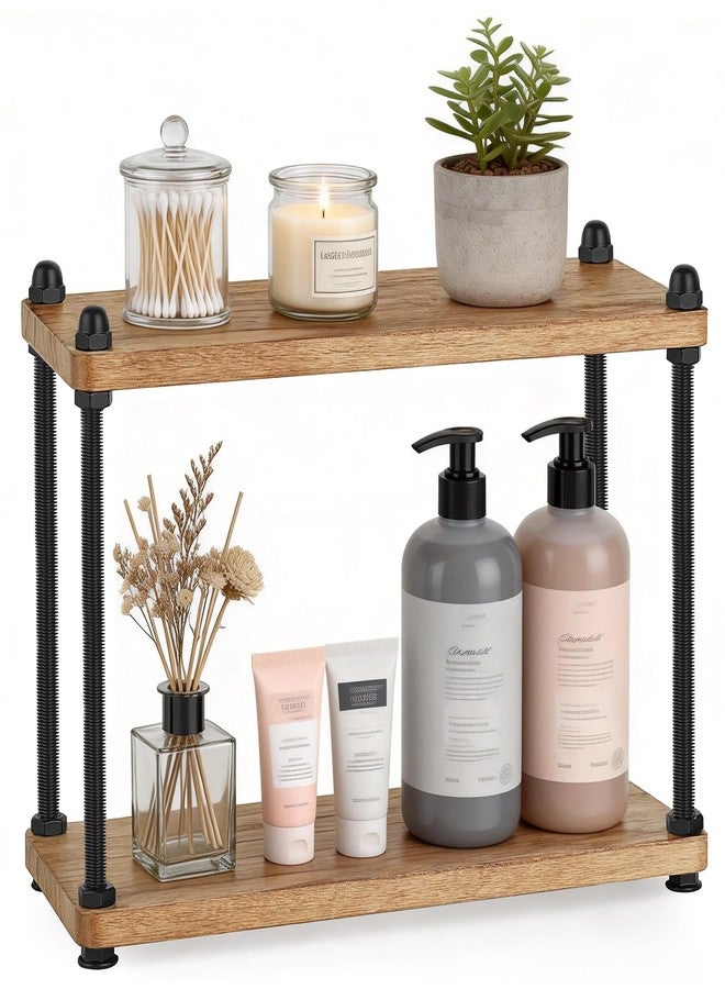 Mkono Bathroom Counter Organizer, 2 Tier Wooden Shelf for Vanity Countertop Skincare Makeup, Rustic Bathroom Decor Storage and Organization for Kitchen, Coffee Bar, Office, Light Brown - Image 1